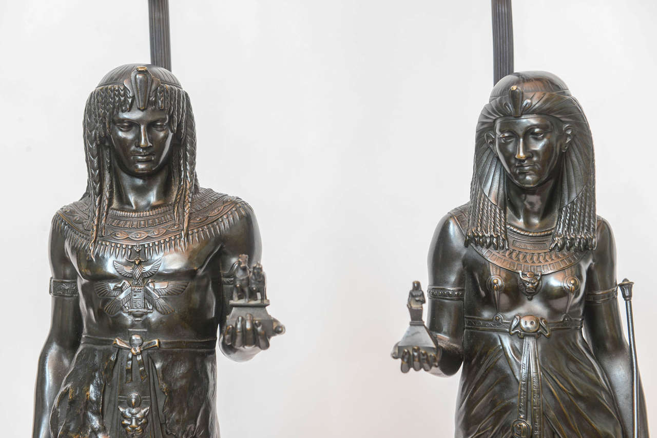 Pair of Egyptian Prince and Princess with Offerings, Signed Emile Picault For Sale 2