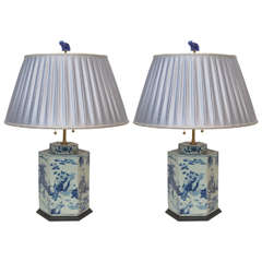 Pair of Blue and White Chinese Porcelain Hexagon Covered Jar Lamps