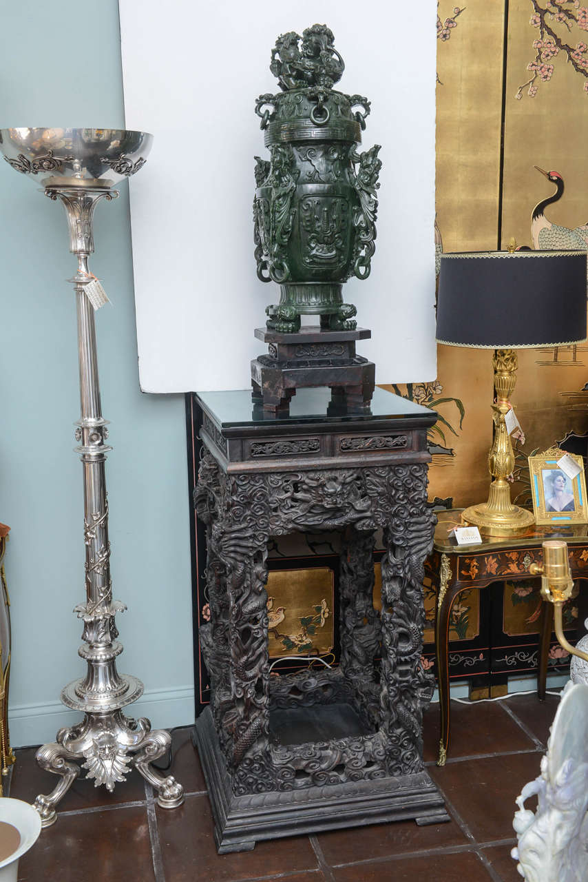 Pair of Solid Jasper Jade, Premium Green Color, Palace Vases For Sale