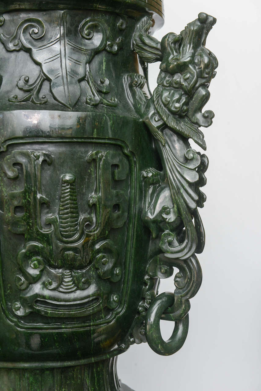 Pair of Solid Jasper Jade, Premium Green Color, Palace Vases For Sale