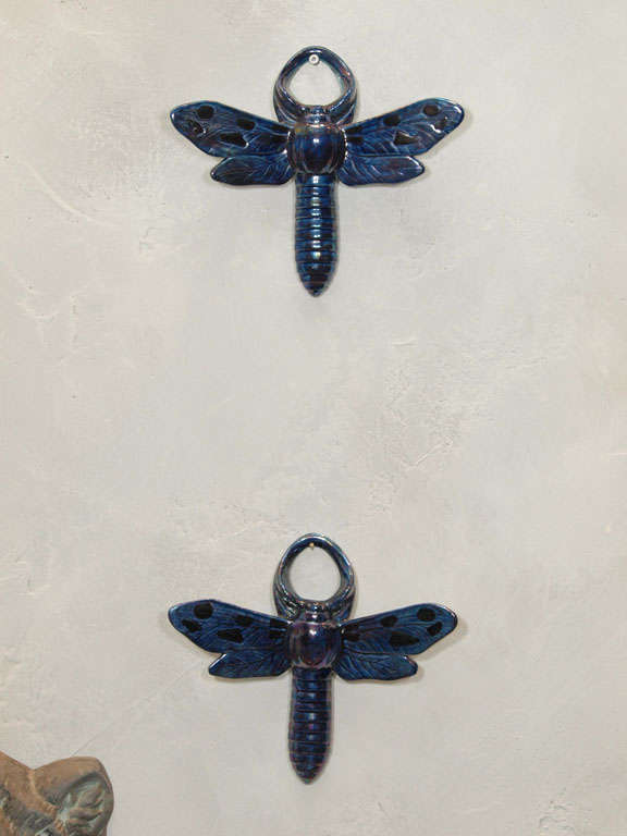 Pair of  French Majolica Dragonflies, Sarraguemines, France