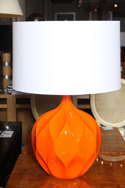 Large orange ceramic lamp with honeycomb design