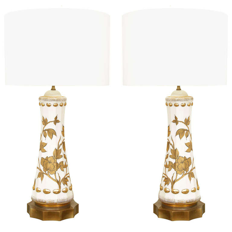 Hand painted Ceramic Lamps with Goldleafed Floral Detail, signed