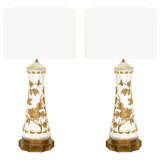 Hand painted Ceramic Lamps with Goldleafed Floral Detail, signed