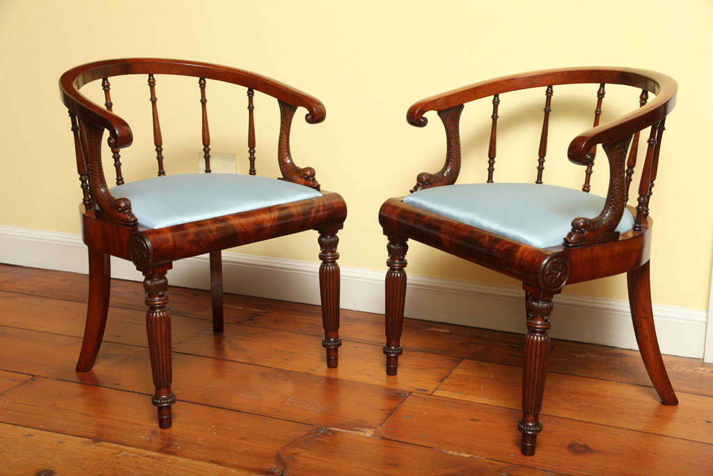 Fine pair of Regency mahogany open armchairs with yoke top rail ending in scrolls above turned spindles, with elaborately carved dolphin arm supports. The upholstered slip seat above a crotch veneered scroll apron with paterae to the sides, on front