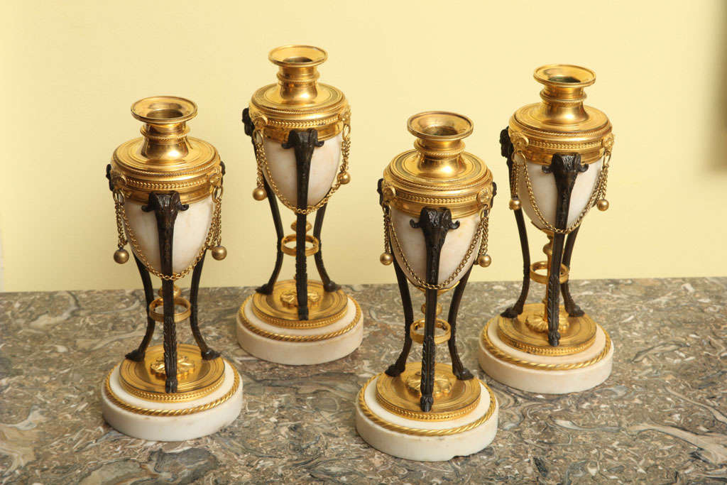 Gilt Two Pairs of Louis XVI Ormolu and White Marble Cassolettes, French, circa 1795 For Sale
