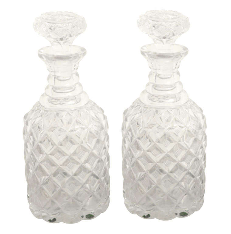 Pair of Regency Diamond and Hobnail Cut Crystal Decanters, English, circa 1820 For Sale