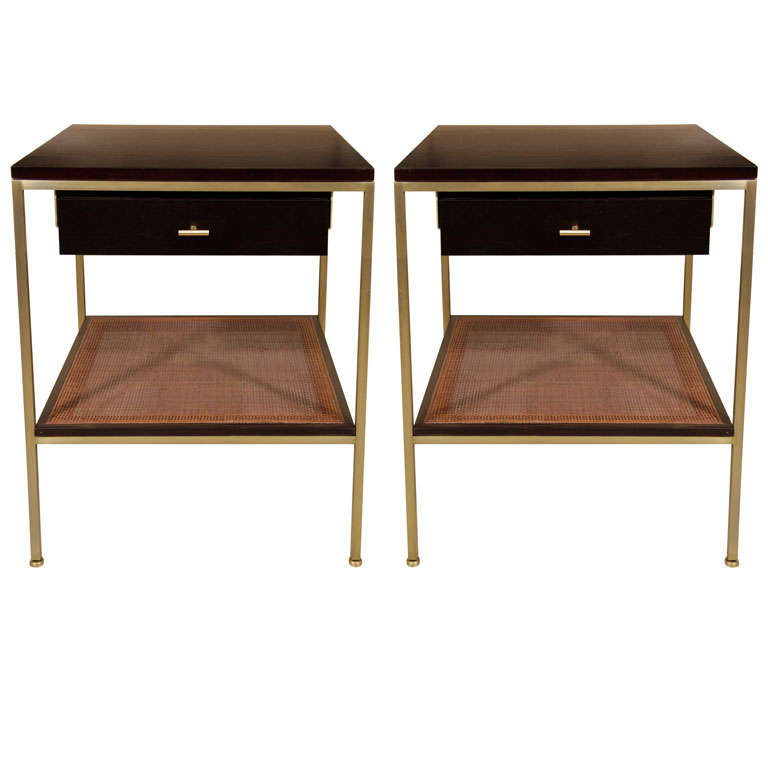 Pair of reGeneration custom ebony and caned bedside tables For Sale at
