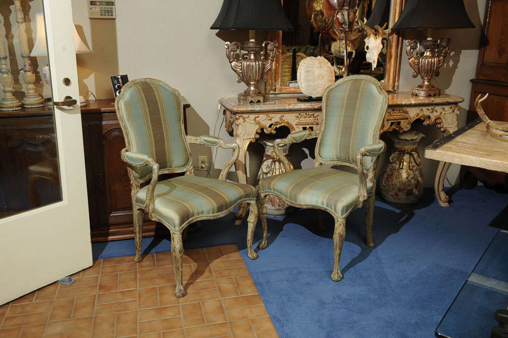 19th Century 19th C. Pair Italian Rococo Polychrome Decorated Armchairs For Sale