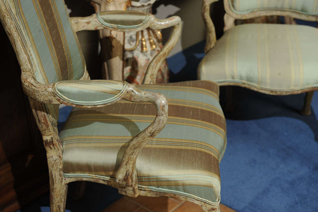 19th C. Pair Italian Rococo Polychrome Decorated Armchairs For Sale 1