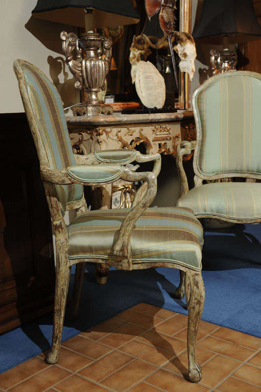 19th C. Pair Italian Rococo Polychrome Decorated Armchairs For Sale 2