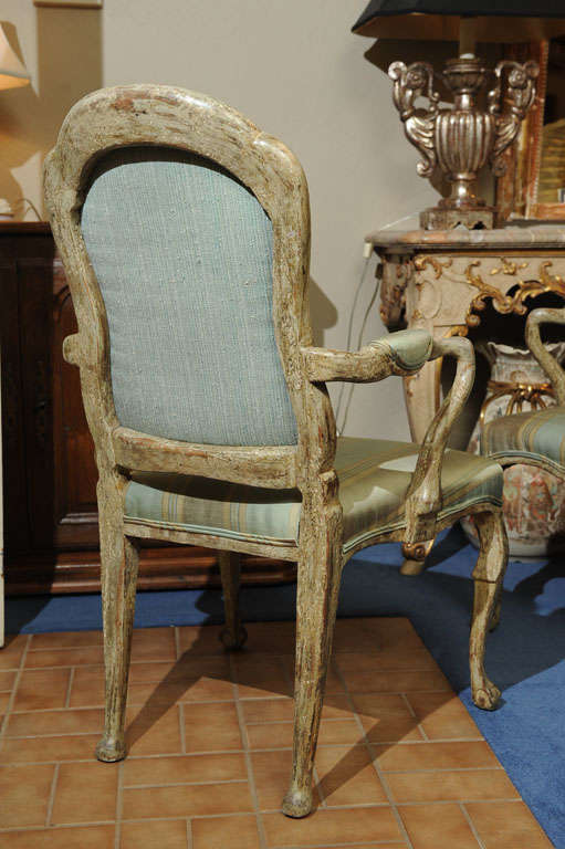 19th C. Pair Italian Rococo Polychrome Decorated Armchairs For Sale 3