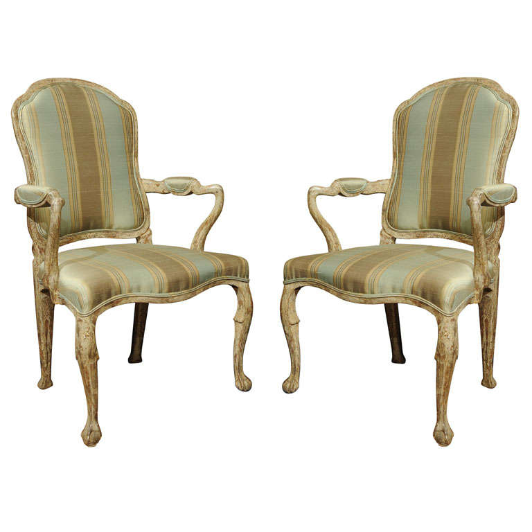 19th C. Pair Italian Rococo Polychrome Decorated Armchairs For Sale