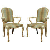 19th C. Pair Italian Rococo Polychrome Decorated Armchairs