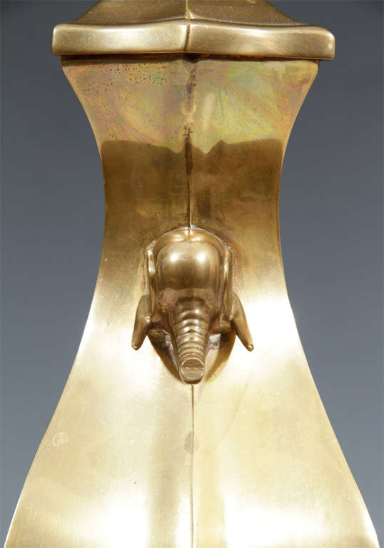 High End Pair of Mid-Century Brass Urn Form Lamps with Elephant Details For Sale 2