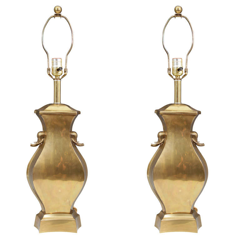 High End Pair of Mid-Century Brass Urn Form Lamps with Elephant Details For Sale