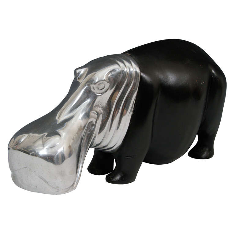 Mid Century Ebonized Wood and Chrome Hippo Sculpture