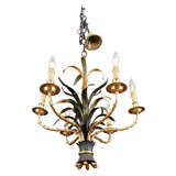 Vintage Bronze and Painted Tole Six-Arm Chandelier by Bagues