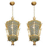 Exquisite Pair of Mid Century Murano Glass & Gold Leaf Lanterns