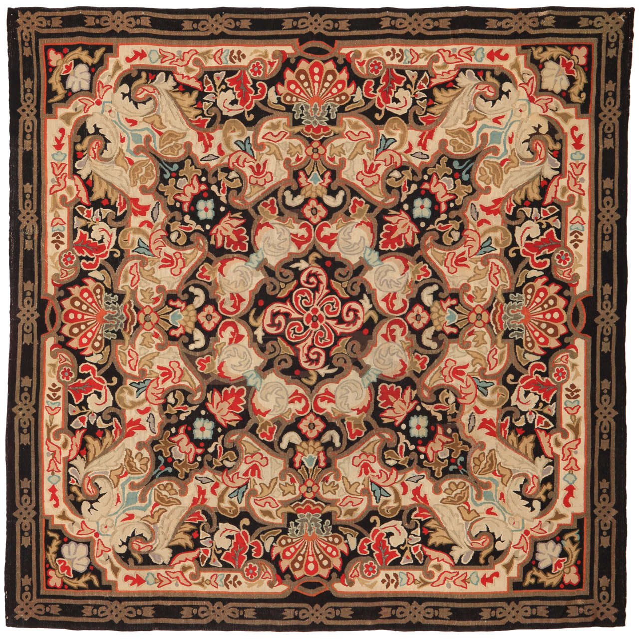 Louis Philippe Antique Aubusson Square Rug in Wool and Metal Thread