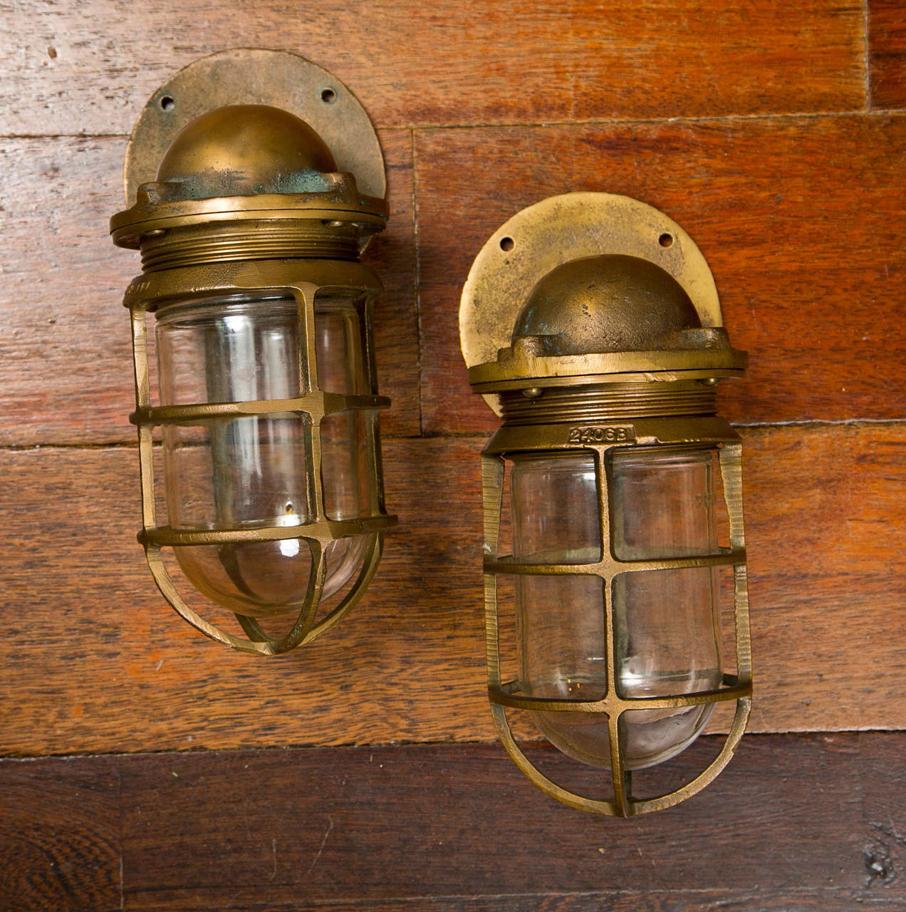 Pair Of Bronze Ship's Passage Lamps With Side Wall Mounts For Sale 1