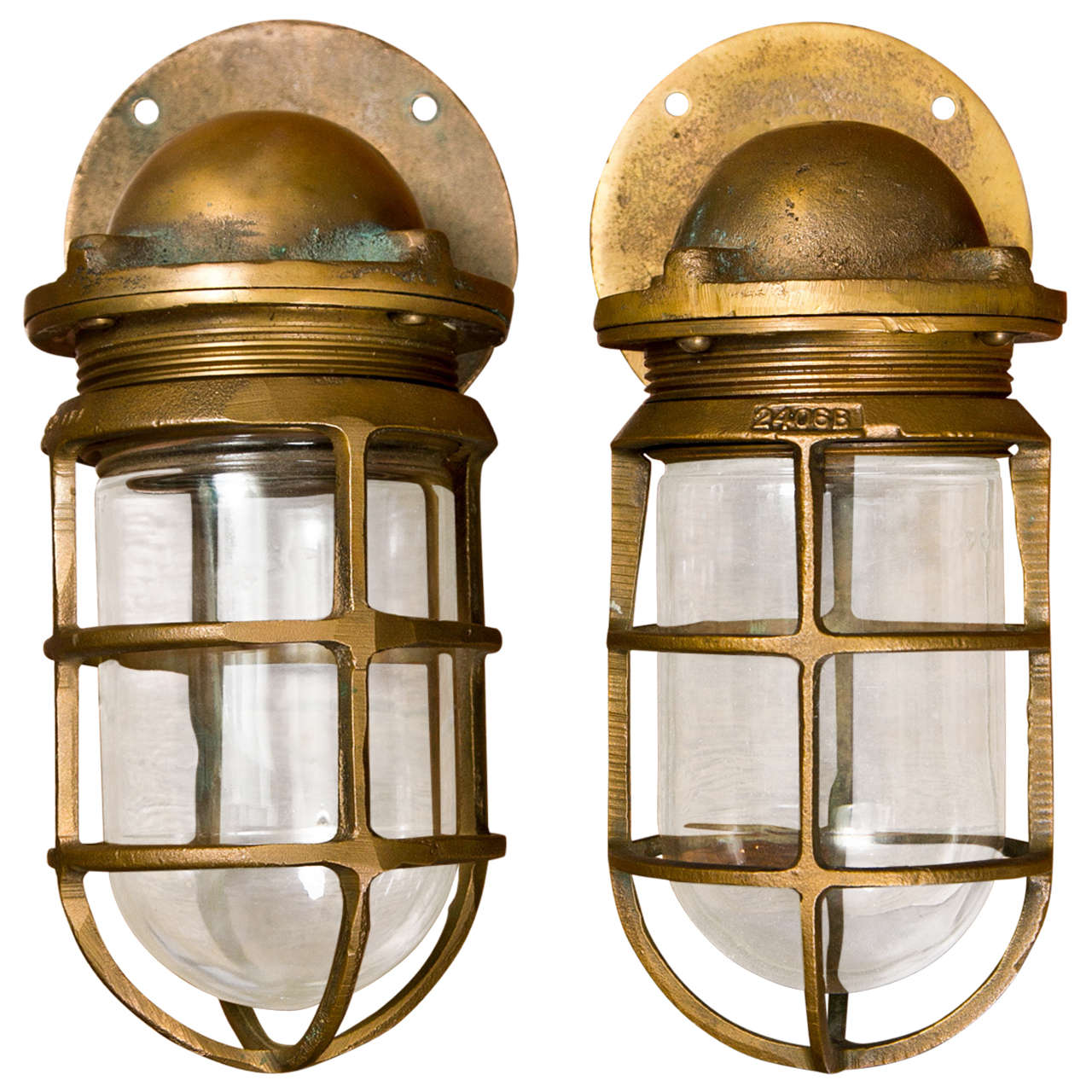 Pair Of Bronze Ship's Passage Lamps With Side Wall Mounts For Sale