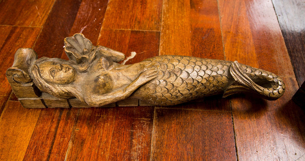American Craftsman Circa 1900 Pair of Carved Wood Mermaid Sconces For Sale