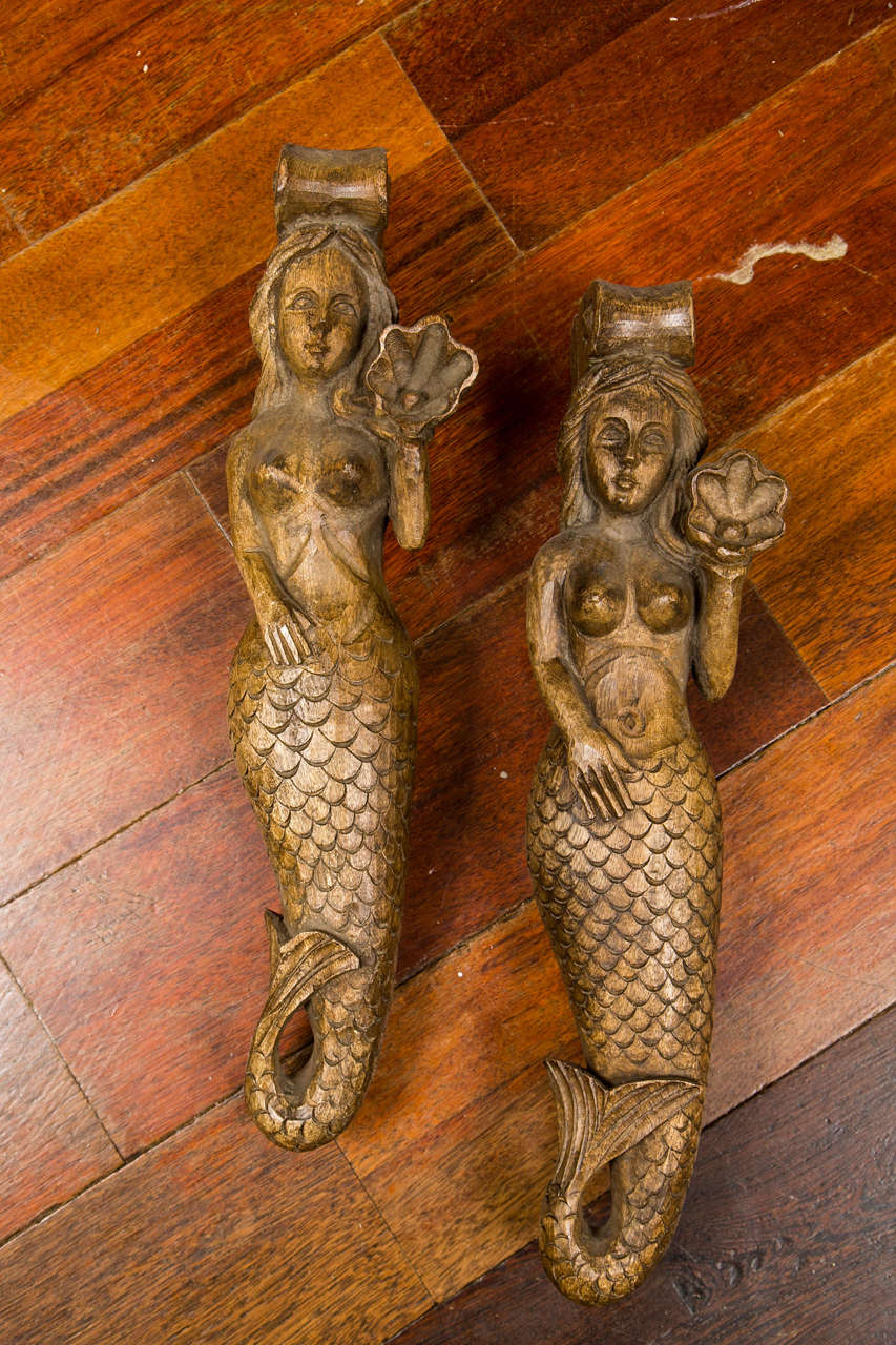 Circa 1900 Pair of Carved Wood Mermaid Sconces For Sale 2