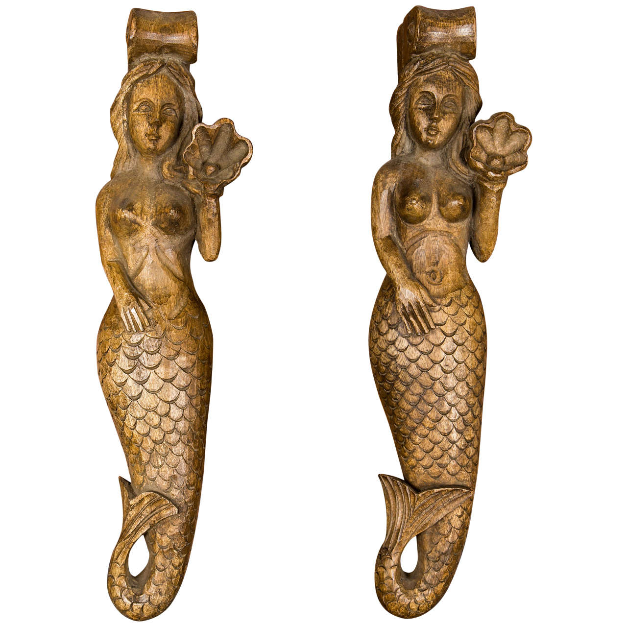 Circa 1900 Pair of Carved Wood Mermaid Sconces For Sale