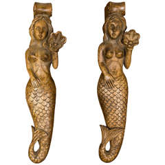 Antique Circa 1900 Pair of Carved Wood Mermaid Sconces