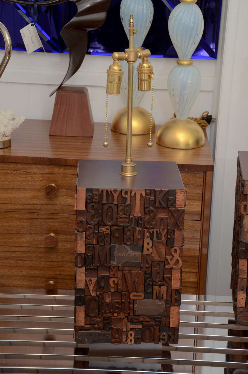 Fab wood block printers letter pattern relief design surface table lamps.  Newly wired with dual pulls!