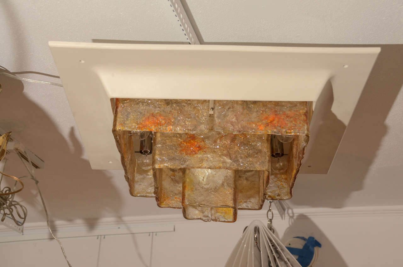 Italian Framed Flush Mount Fixture with TIered Amber Glass Shade by Mazzega