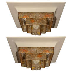 Framed Flush Mount Fixture with TIered Amber Glass Shade by Mazzega