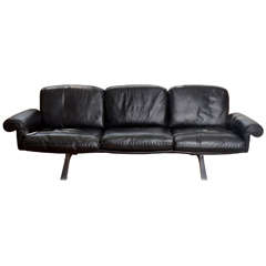 1970's De Sede Black Leather Sofa on Chrome Legs
