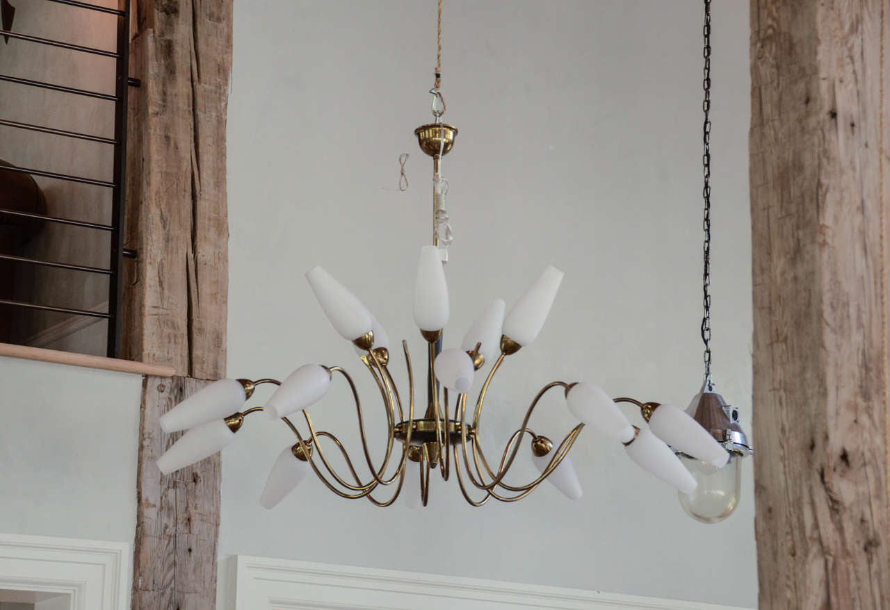 Very interesting French Mid-Century Ceiling Chandelier in Brass with opaque glass shades