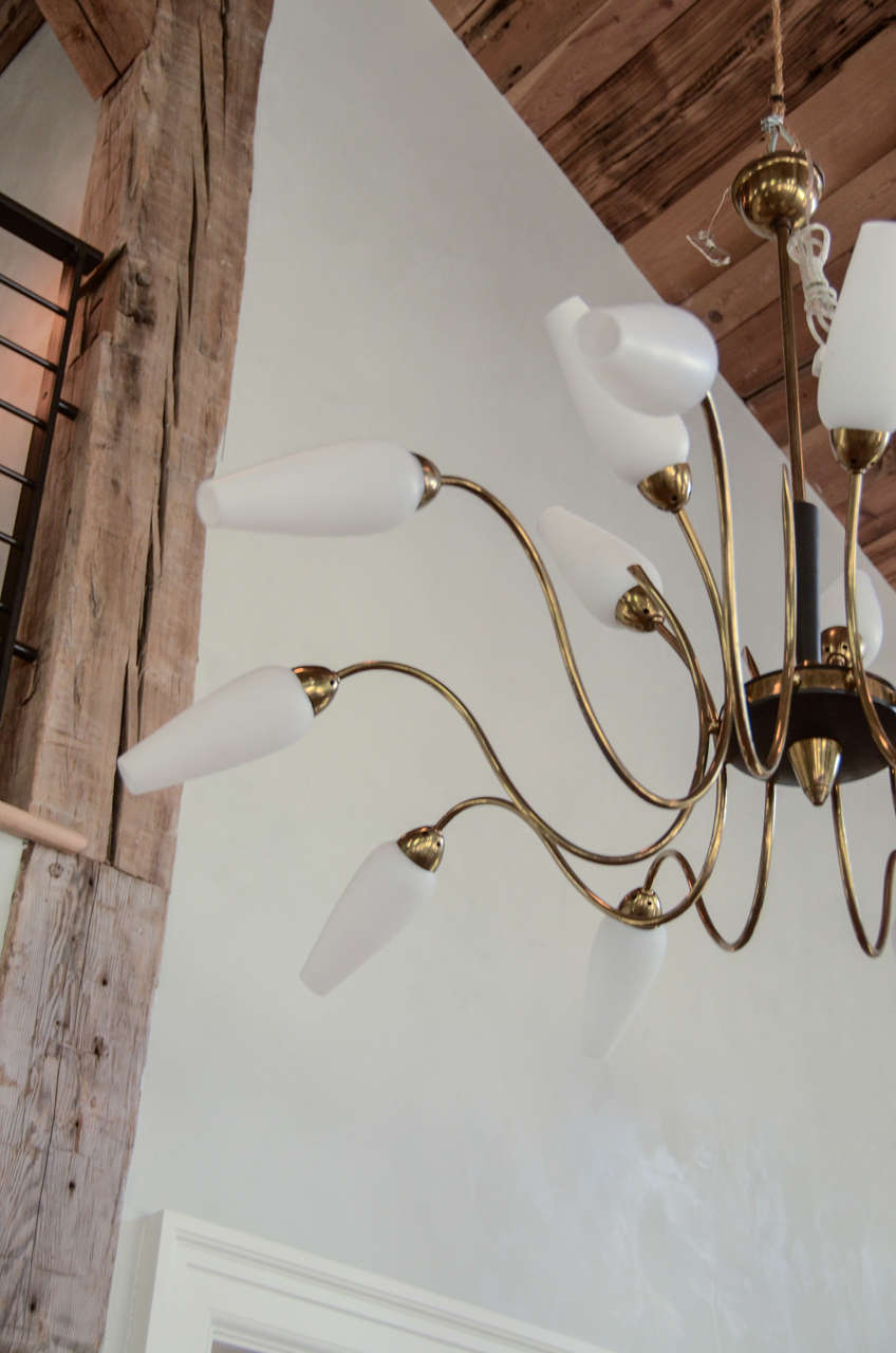 Mid-Century Modern French Mid-Century Brass Chandelier with opaque glass shades