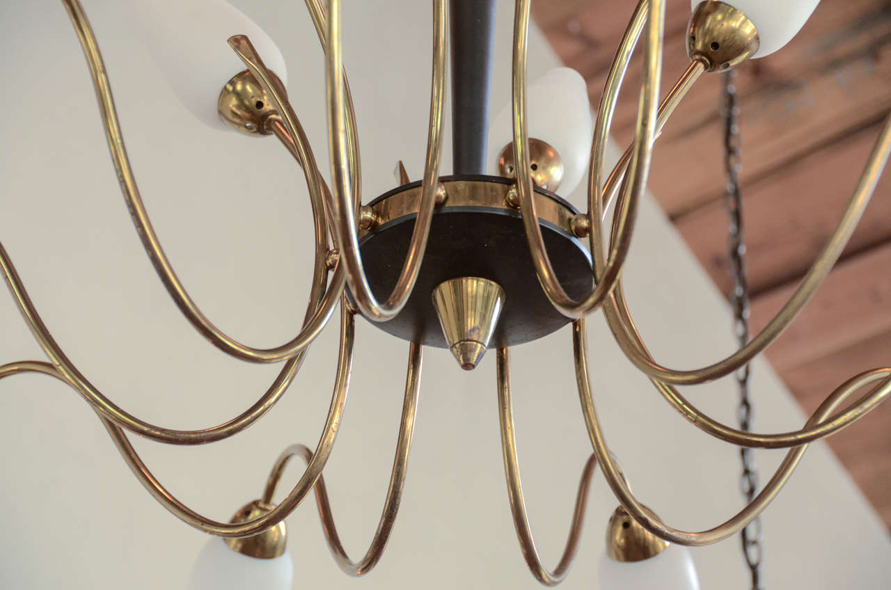 French Mid-Century Brass Chandelier with opaque glass shades In Excellent Condition In Sag Harbor, NY