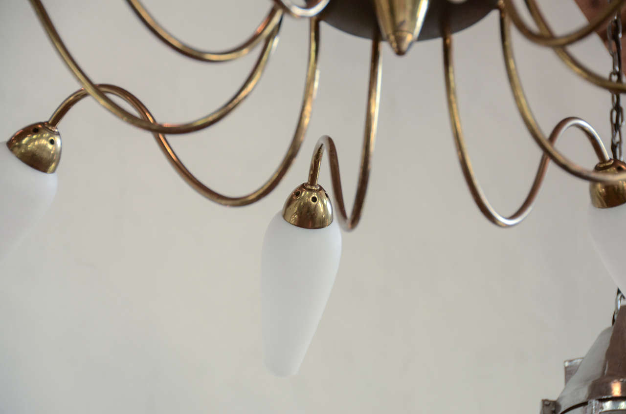 20th Century French Mid-Century Brass Chandelier with opaque glass shades