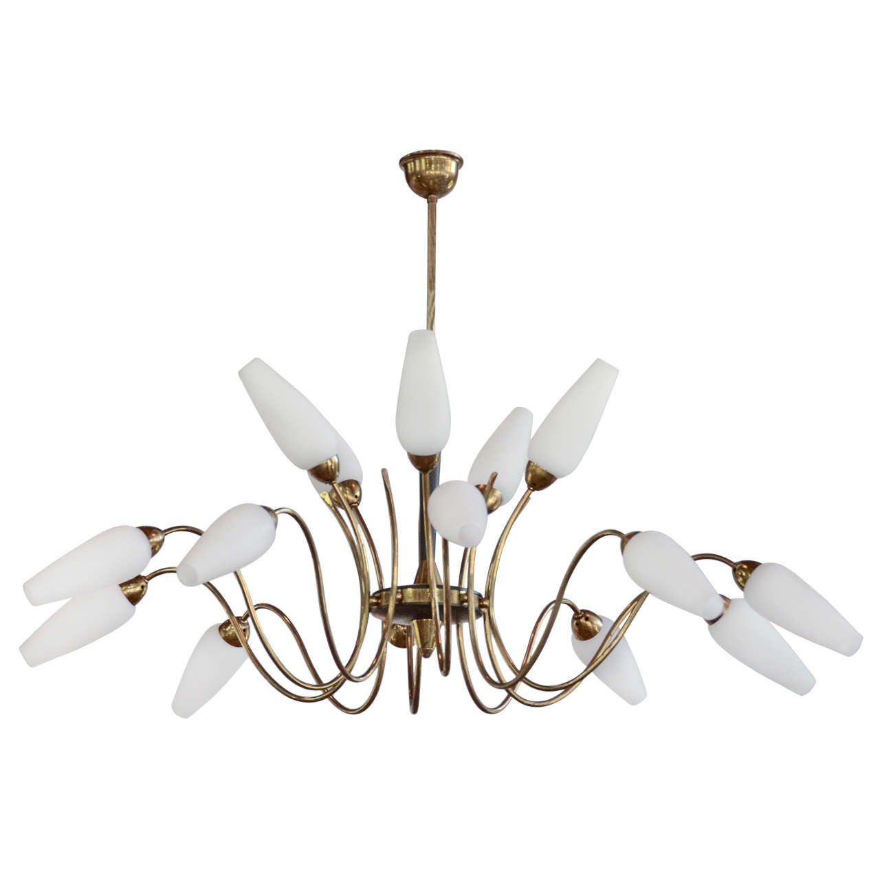 French Mid-Century Brass Chandelier with opaque glass shades