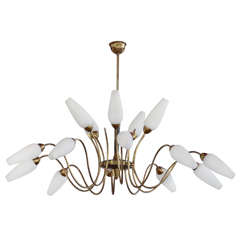 French Mid-Century Brass Chandelier with opaque glass shades