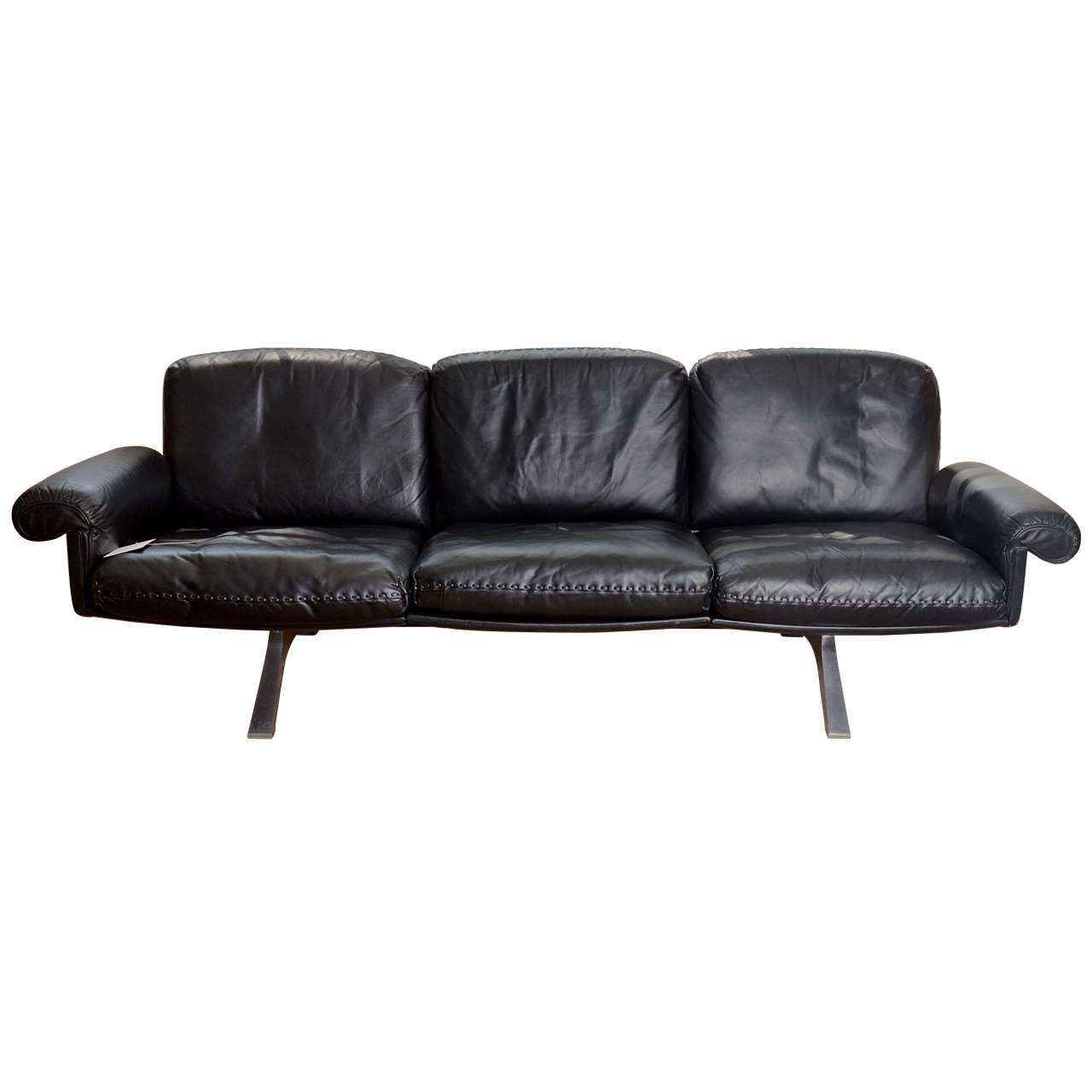 1970's De Sede Black Leather Sofa on Chrome Legs at 1stDibs