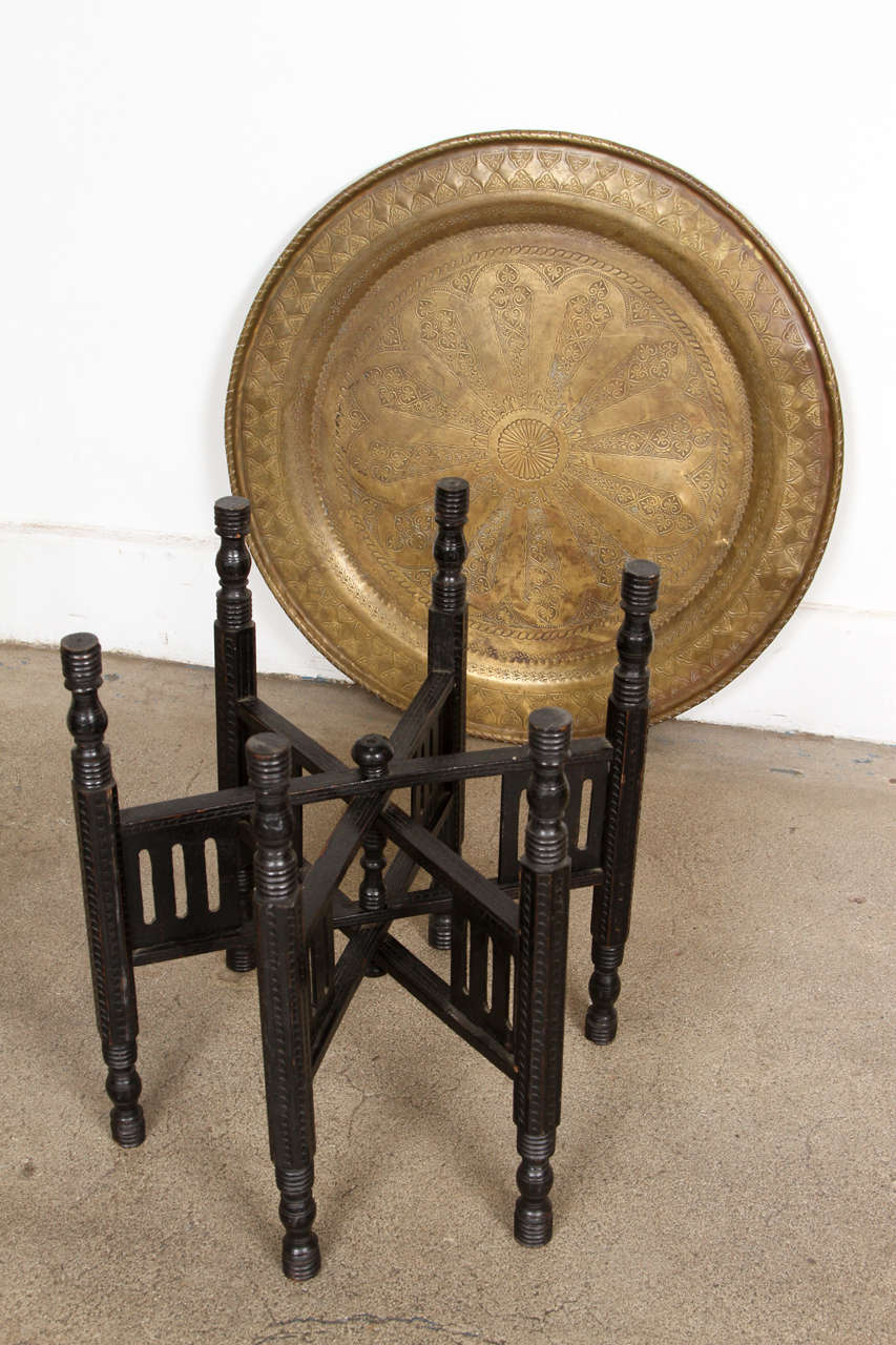 Middle Eastern Persian Brass Tray Table With Folding Wooden Base 1