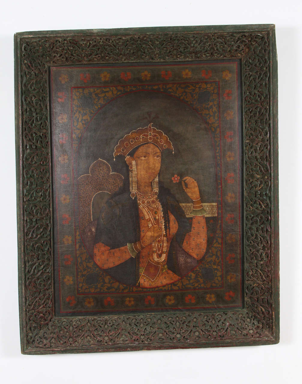 Pair of framed oil on canvas painting of Mughal Emperor Shah Jahan and the Empress Mumtaz Mahal.
The splendor of India, oil painting Mughal Emperor Shah Jahan and the Empress Mumtaz Mahal wearing spectacular jewelry. The Rajhastani wooden dark