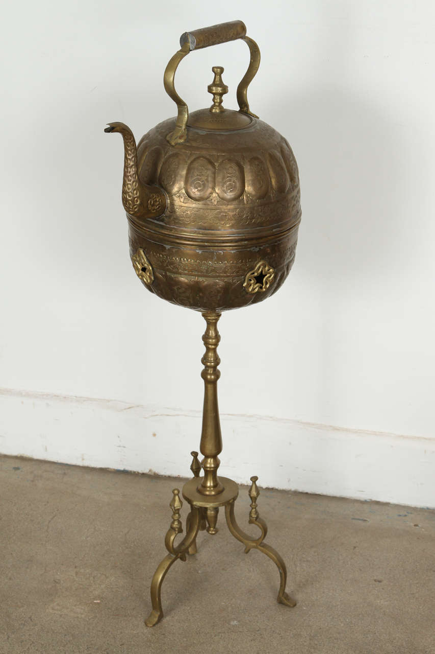 Middle Eastern Turkish Antique Brass Tea Kettle Pot on Stand at 1stDibs