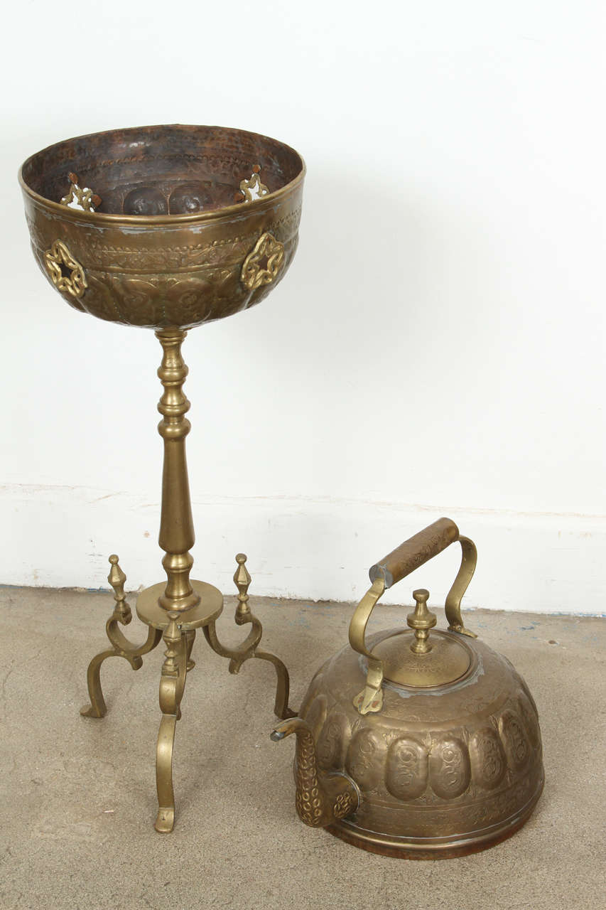 Middle Eastern Turkish Antique Brass Tea Kettle Pot on Stand at 1stDibs