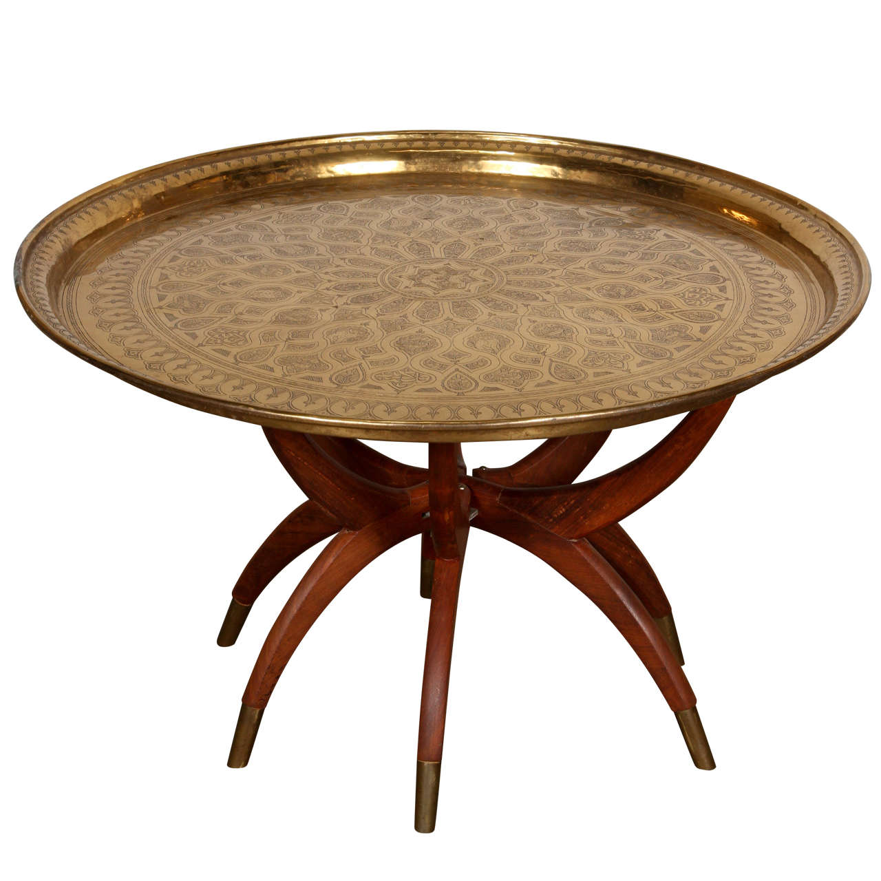 Large 32" D. MidCentury Polished Brass Tray Table with Spider Legs at