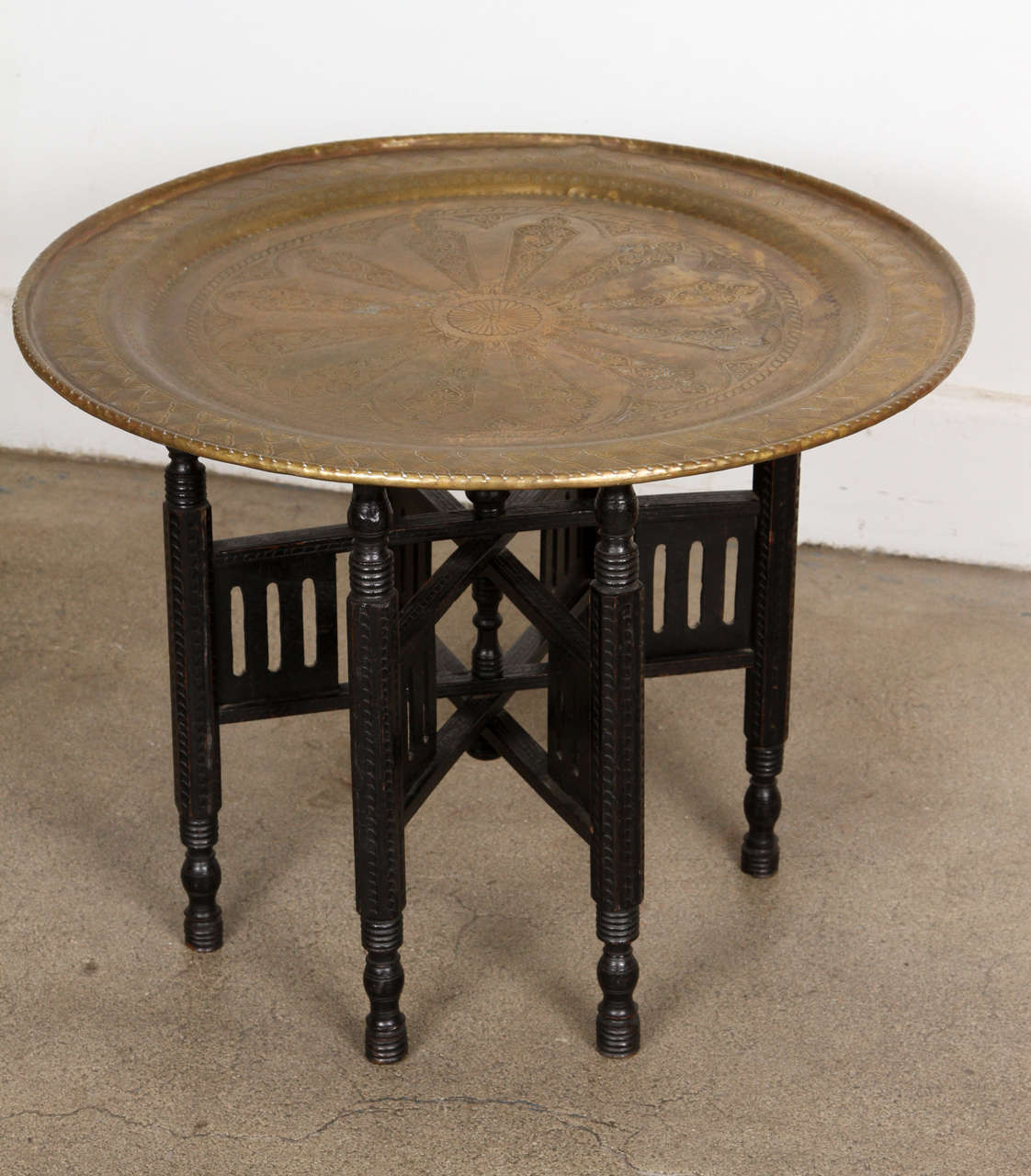 Middle Eastern Persian Brass Tray Table With Folding Wooden Base at 1stDibs