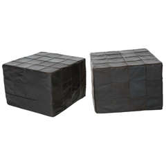 Black Leather Cube Ottomans by Stendig