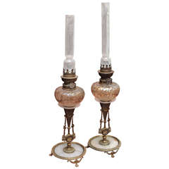Pair of Bronze and Marble Candle Sticks with Oil Lamps
