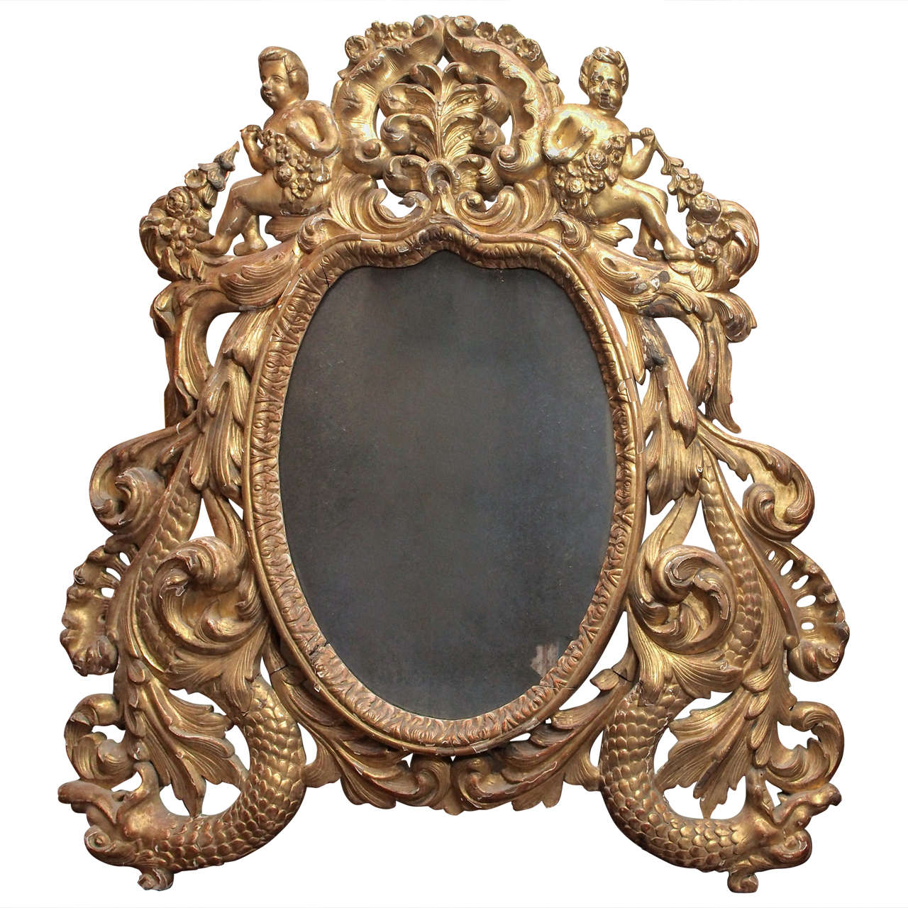 Pierced Giltwood Mirror with Putti and Sea Creatures For Sale